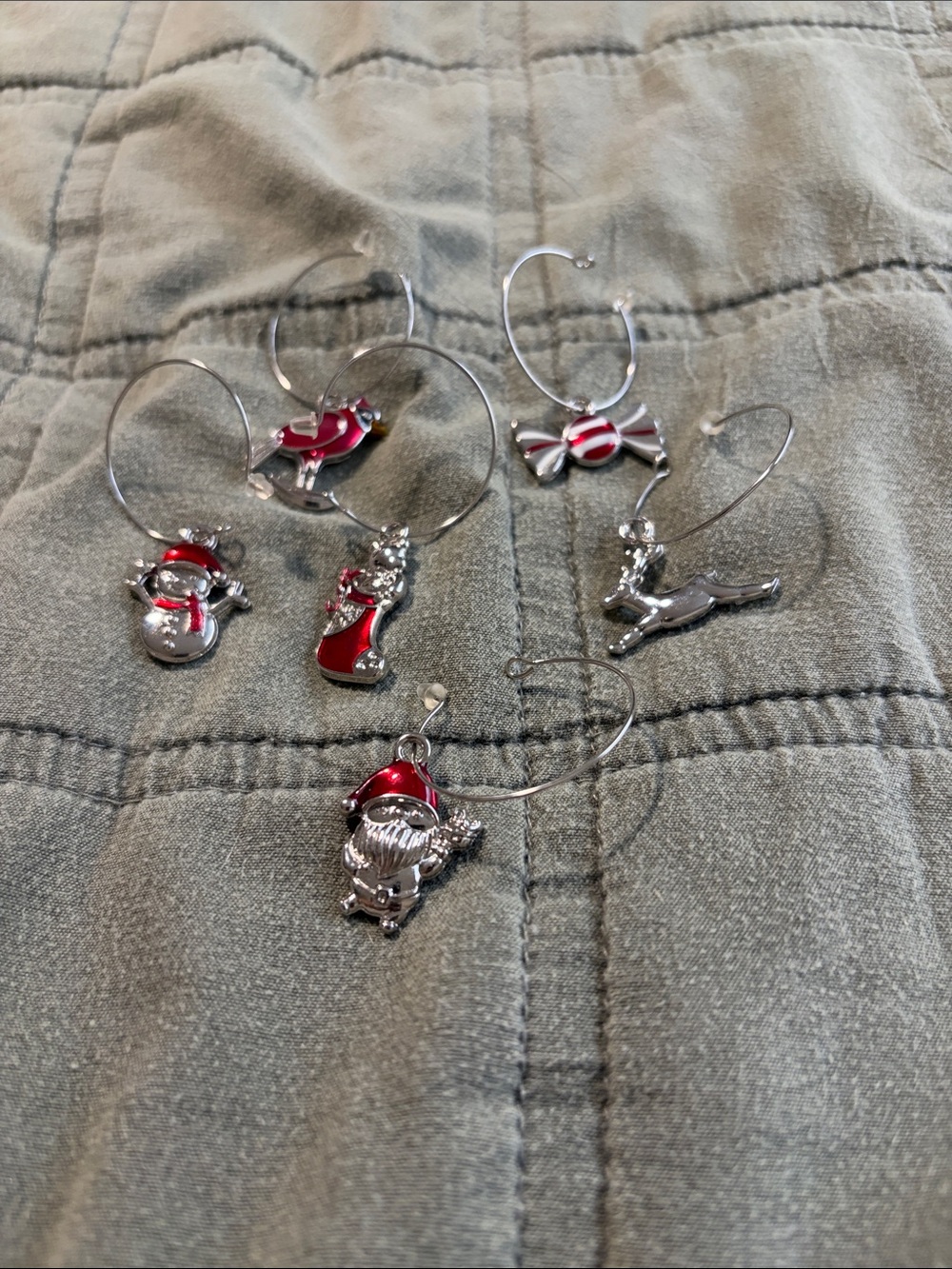 Holiday Silver Wine Glass Charms with Red Accents - Festive Set